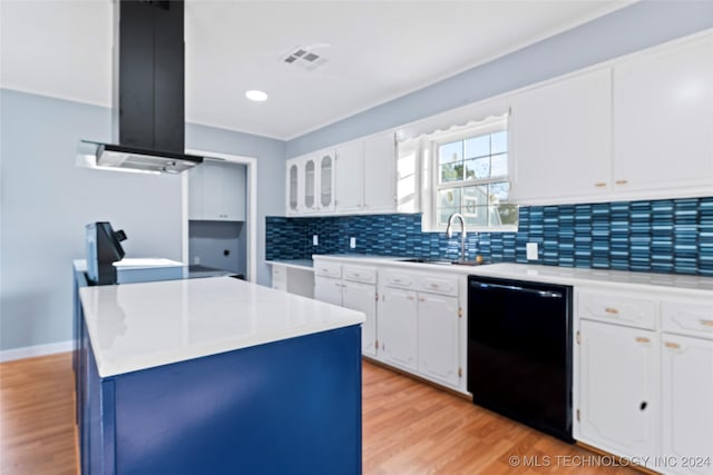 kitchen with white cabinets, a kitchen island, ventilation hood, and black dishwasher