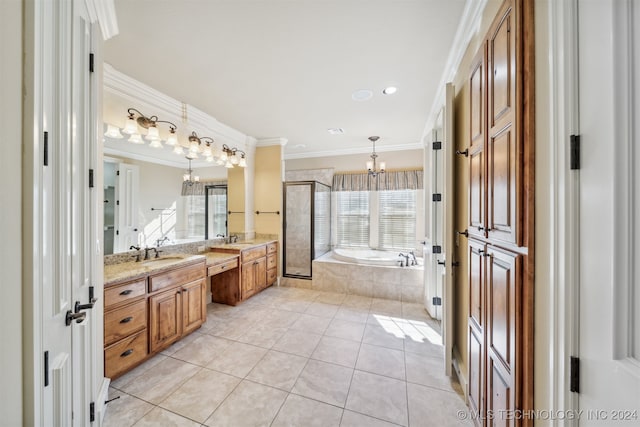 bathroom with vanity, a notable chandelier, crown molding, and separate shower and tub