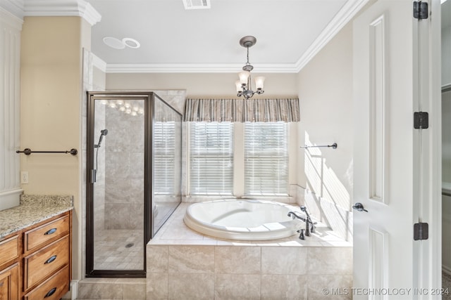 bathroom with vanity, ornamental molding, a chandelier, and shower with separate bathtub