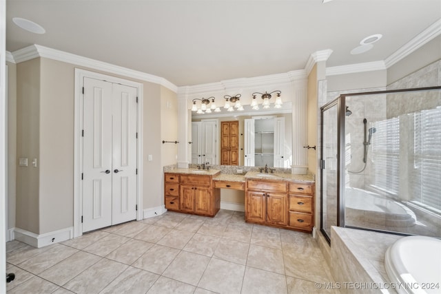 bathroom with vanity, separate shower and tub, ornamental molding, and tile patterned flooring