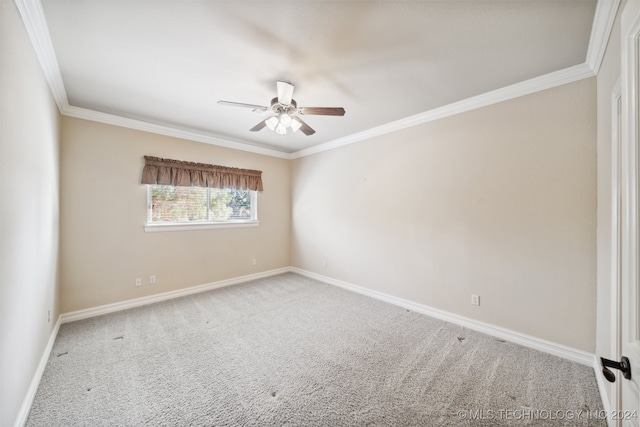 spare room featuring crown molding, carpet flooring, and ceiling fan