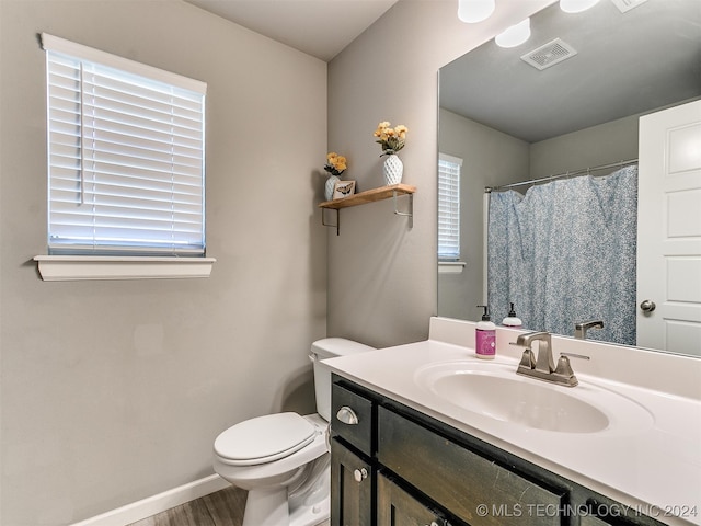 bathroom with vanity, toilet, and wood-type flooring