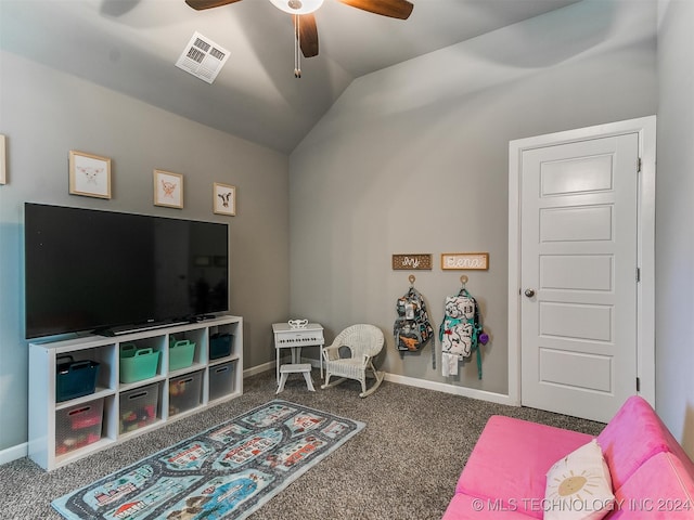 playroom featuring ceiling fan, carpet, and lofted ceiling