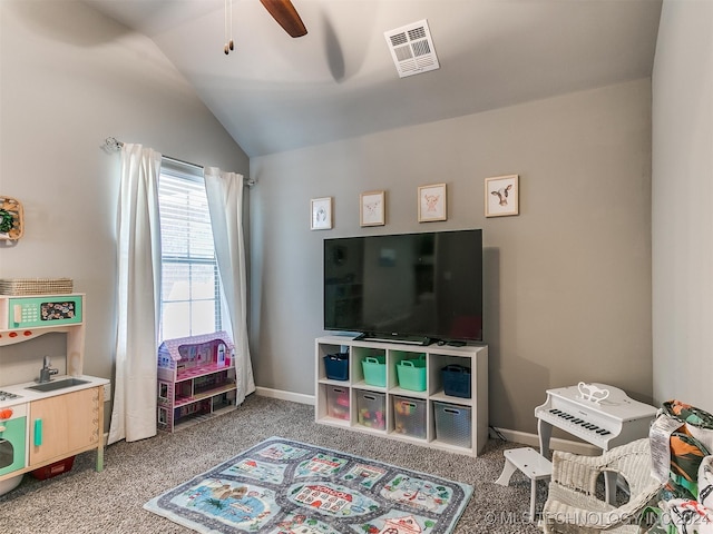 rec room with lofted ceiling, carpet floors, and ceiling fan