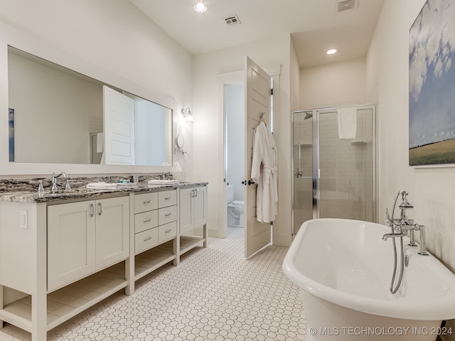 full bathroom featuring vanity, toilet, and plus walk in shower