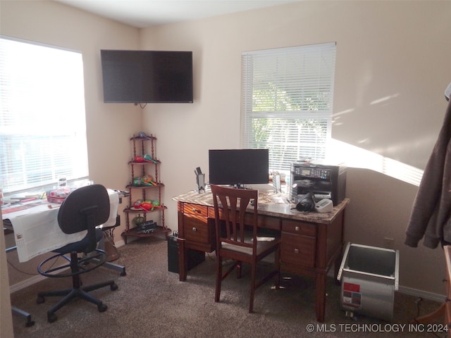 office featuring dark colored carpet and a healthy amount of sunlight