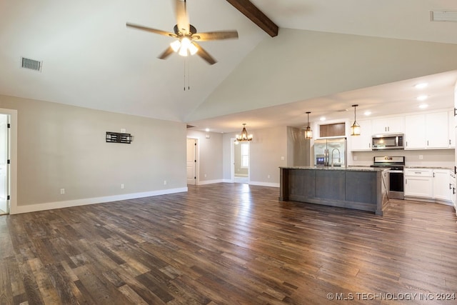 unfurnished living room with high vaulted ceiling, dark hardwood / wood-style floors, beamed ceiling, ceiling fan with notable chandelier, and sink