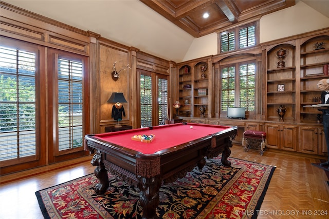 recreation room with pool table, beam ceiling, coffered ceiling, and a wealth of natural light