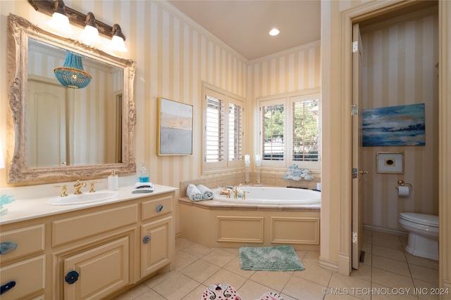 bathroom with a tub, toilet, ornamental molding, vanity, and tile patterned flooring