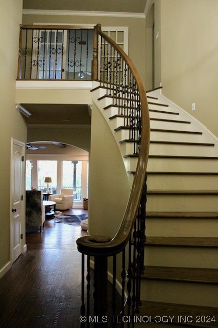 staircase featuring arched walkways, a towering ceiling, ornamental molding, wood finished floors, and baseboards