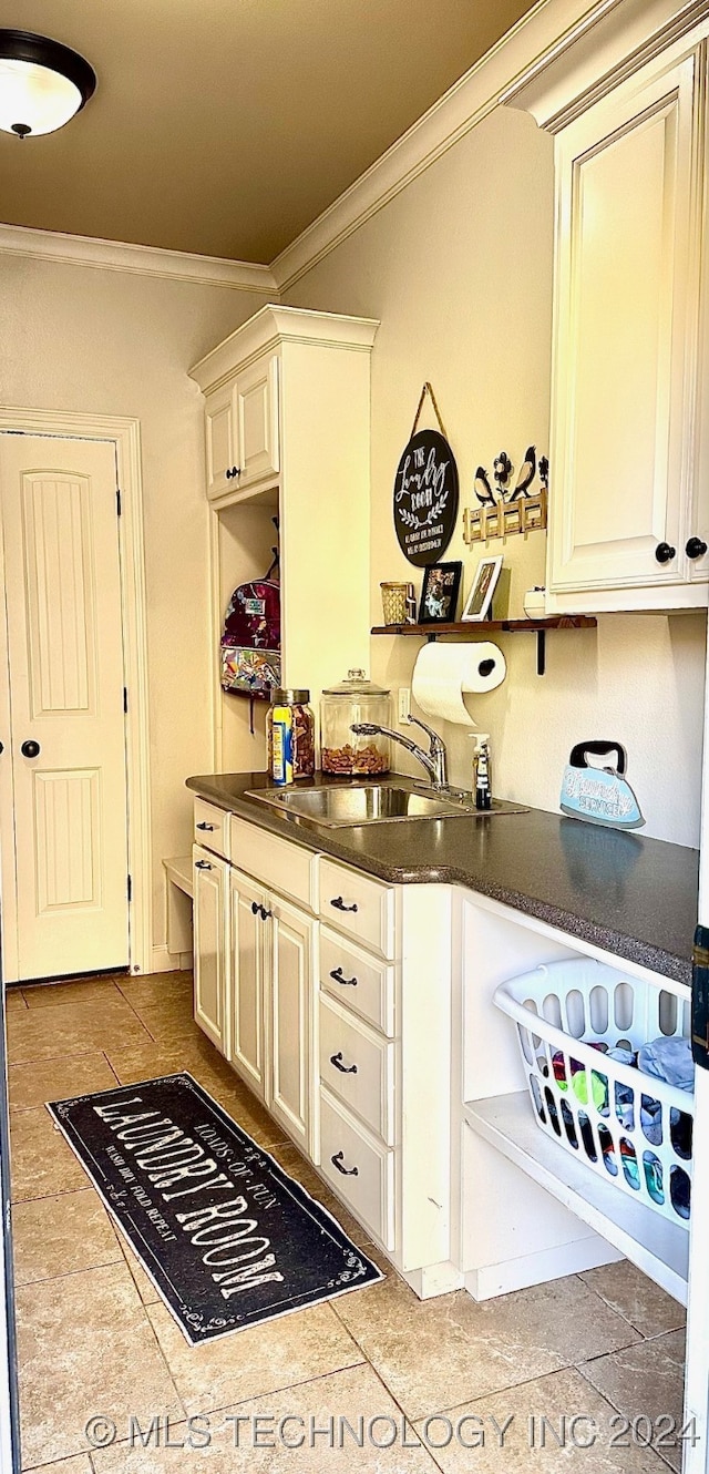 kitchen with a sink, open shelves, and crown molding