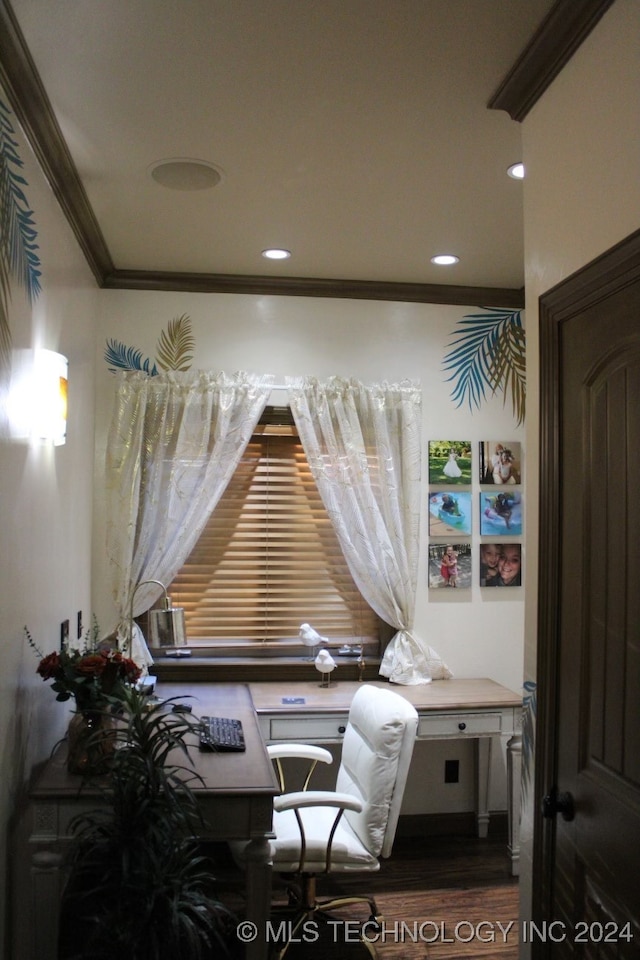 office featuring ornamental molding and recessed lighting