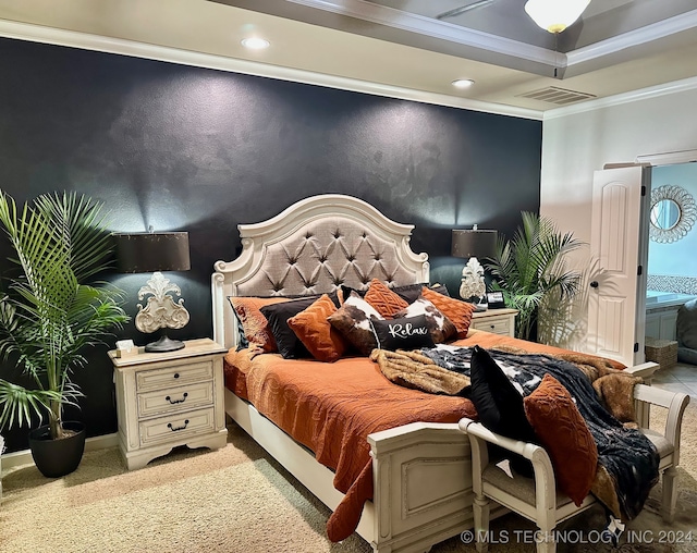 bedroom with recessed lighting, visible vents, light colored carpet, ornamental molding, and an accent wall