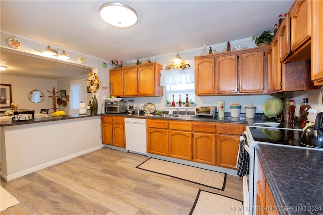 kitchen with sink, crown molding, light wood-type flooring, and white appliances