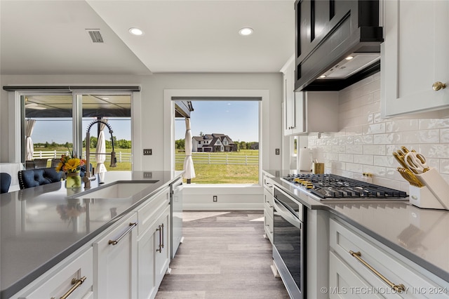 kitchen featuring premium range hood, white cabinets, stainless steel appliances, and sink