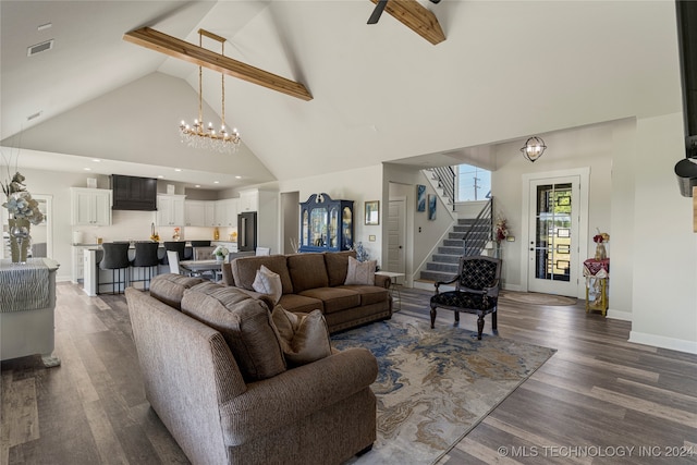 living room featuring dark wood-type flooring, high vaulted ceiling, beamed ceiling, and ceiling fan with notable chandelier