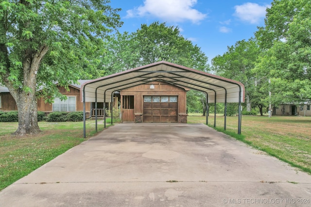 view of parking / parking lot featuring a yard and a carport