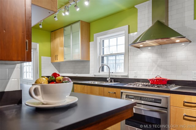 kitchen with sink, decorative backsplash, wall chimney range hood, and stainless steel appliances