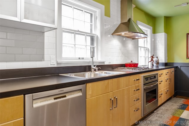 kitchen featuring wall chimney exhaust hood, appliances with stainless steel finishes, and a wealth of natural light