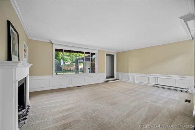 unfurnished living room with ornamental molding and light colored carpet