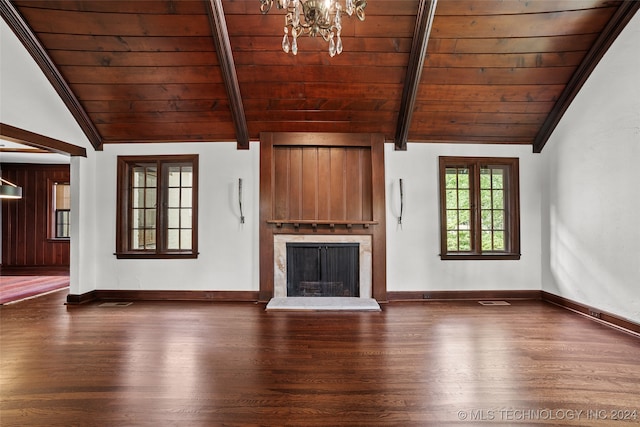 unfurnished living room featuring wood ceiling, hardwood / wood-style flooring, and lofted ceiling with beams