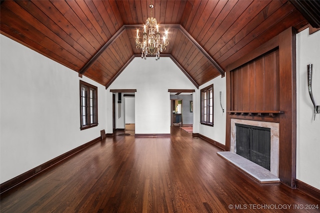 unfurnished living room featuring wood ceiling, vaulted ceiling, an inviting chandelier, a fireplace, and dark hardwood / wood-style flooring