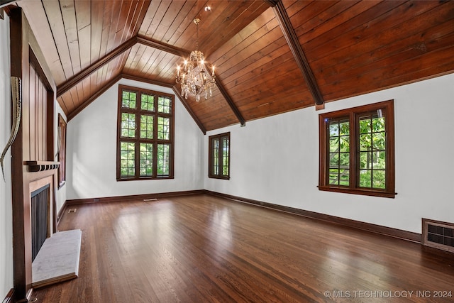 unfurnished living room with wood ceiling, lofted ceiling with beams, a tile fireplace, a chandelier, and dark hardwood / wood-style floors