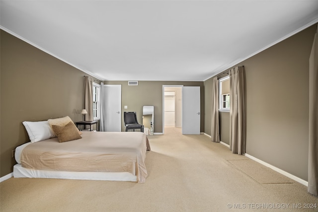 carpeted bedroom with crown molding