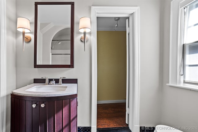 bathroom with vanity, crown molding, and hardwood / wood-style floors