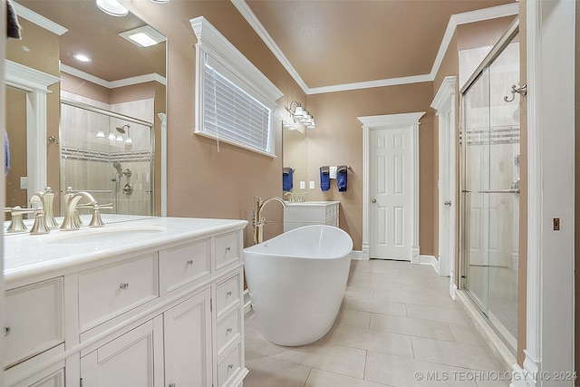 bathroom featuring vanity, plus walk in shower, ornamental molding, and tile patterned floors