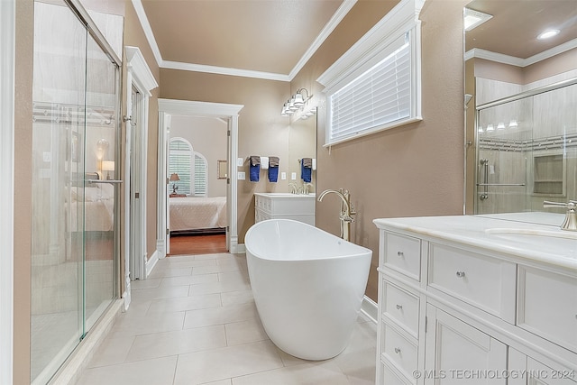 bathroom featuring vanity, ornamental molding, plus walk in shower, and tile patterned flooring