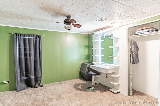 bathroom with ceiling fan and wood walls