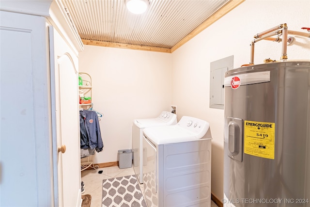 laundry area with electric panel, electric water heater, and washer and clothes dryer