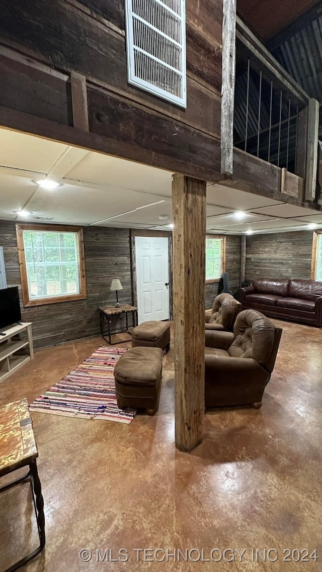 basement featuring wood walls and plenty of natural light