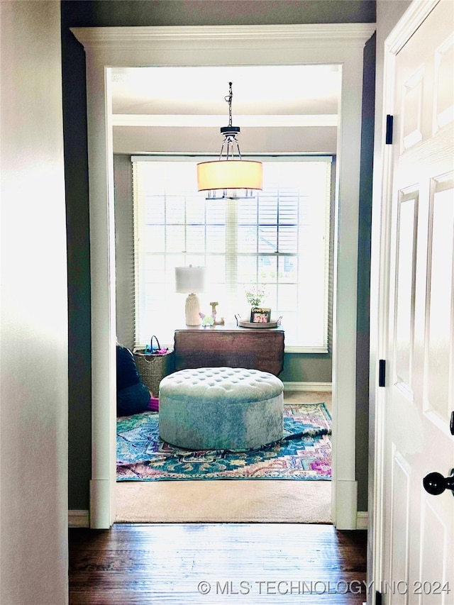 living area with dark wood-type flooring and ornamental molding