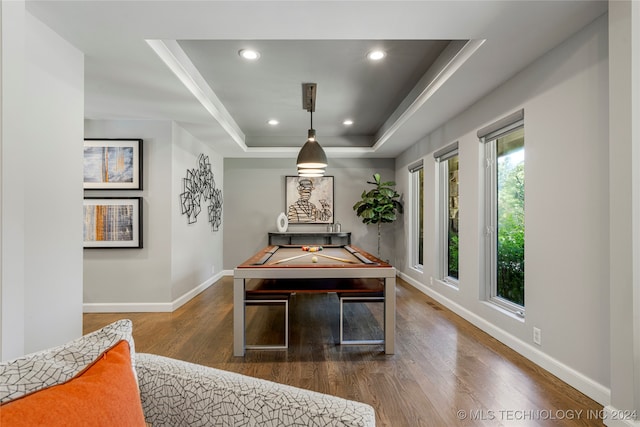 rec room with dark wood-type flooring and a tray ceiling