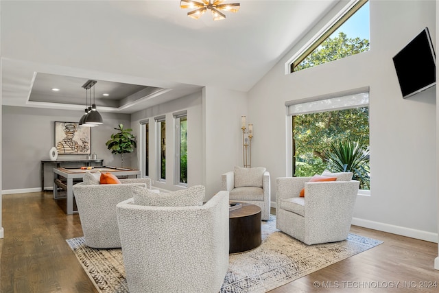 living room with a towering ceiling, an inviting chandelier, a tray ceiling, and wood-type flooring