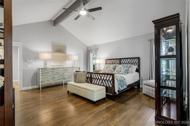 bedroom with vaulted ceiling with beams, dark hardwood / wood-style floors, and ceiling fan