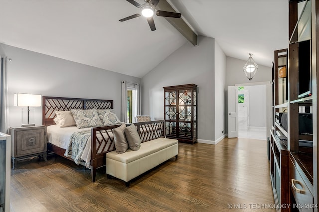 bedroom featuring beam ceiling, high vaulted ceiling, dark wood-type flooring, and ceiling fan