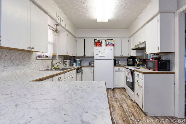 kitchen with a sink, white appliances, light wood-type flooring, under cabinet range hood, and white cabinetry