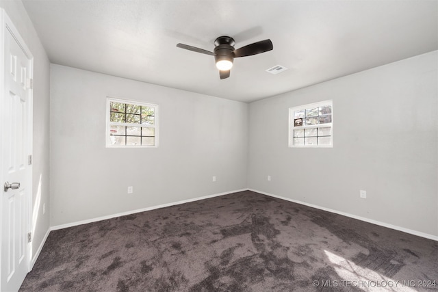 carpeted empty room with ceiling fan and a wealth of natural light