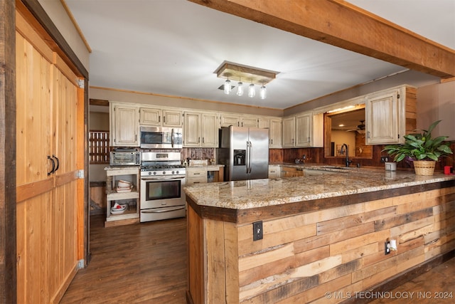 kitchen featuring kitchen peninsula, decorative backsplash, dark hardwood / wood-style flooring, appliances with stainless steel finishes, and sink