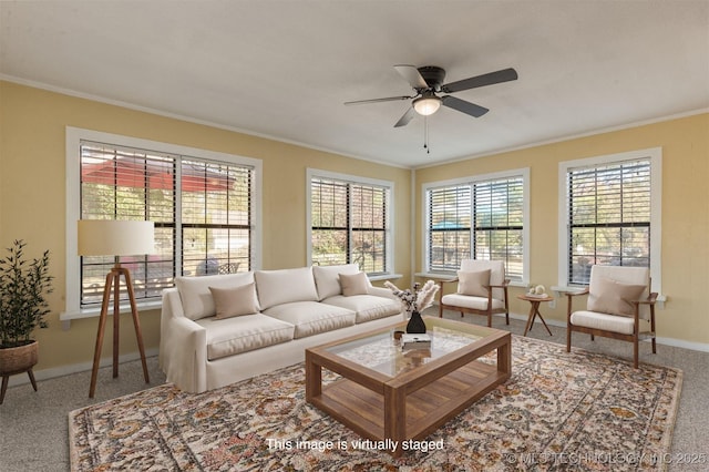 carpeted living room with ceiling fan and ornamental molding