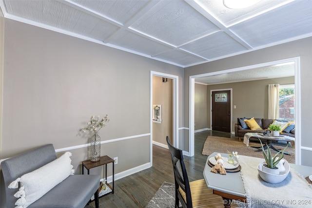 dining room with crown molding and dark hardwood / wood-style floors