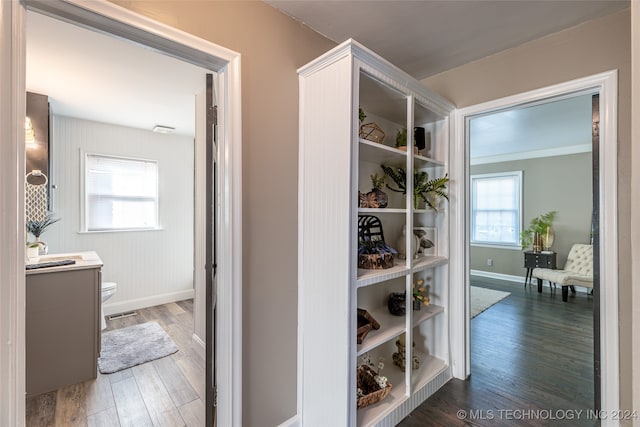 hall featuring sink and dark hardwood / wood-style flooring