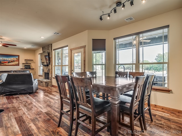 dining space featuring a stone fireplace, a healthy amount of sunlight, wood-type flooring, and ceiling fan