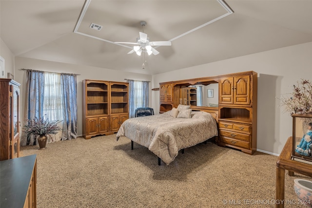 bedroom featuring carpet flooring, ceiling fan, and lofted ceiling