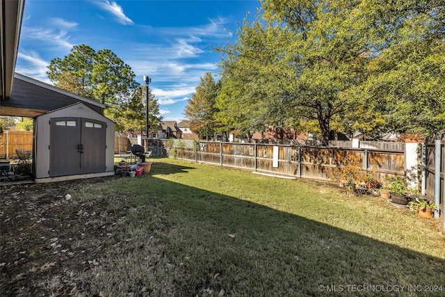 view of yard featuring a storage shed