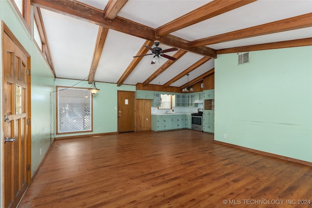 unfurnished living room with lofted ceiling with beams, sink, ceiling fan, and dark hardwood / wood-style flooring