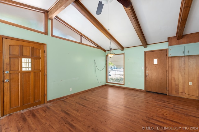 foyer with lofted ceiling with beams, hardwood / wood-style flooring, and ceiling fan